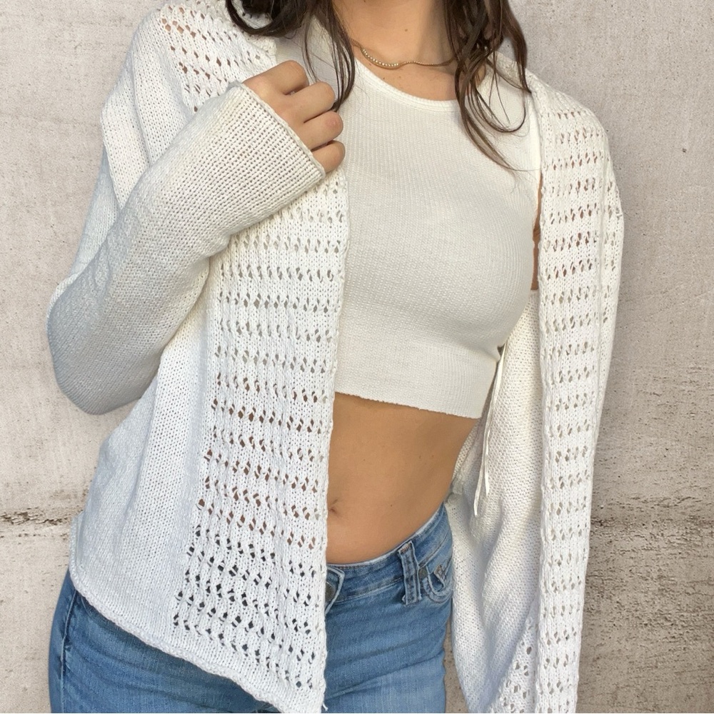 Y2K Crochet White Cream Knit Open Sweater Beachy California Coquette Size XS